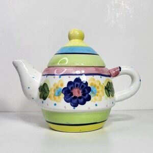 Bella Casa by Ganz Ceramic Teapot Hand Painted Floral Stripes Polka Dot Colorful